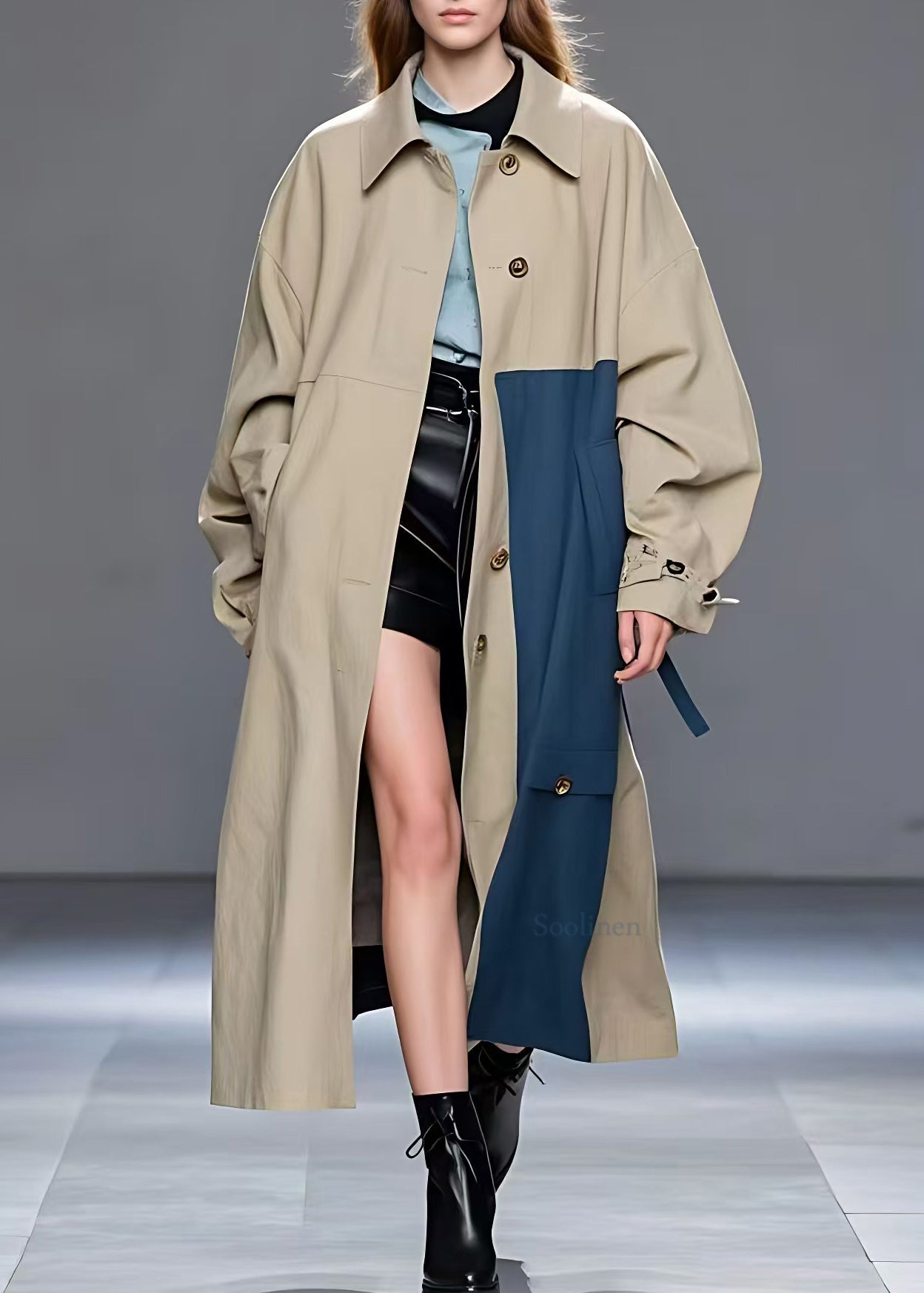 Khaki Peter Pan Collar Pockets Trench Long Sleeve
