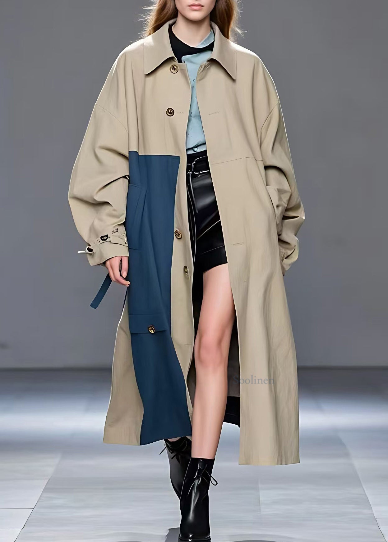 Khaki Peter Pan Collar Pockets Trench Long Sleeve