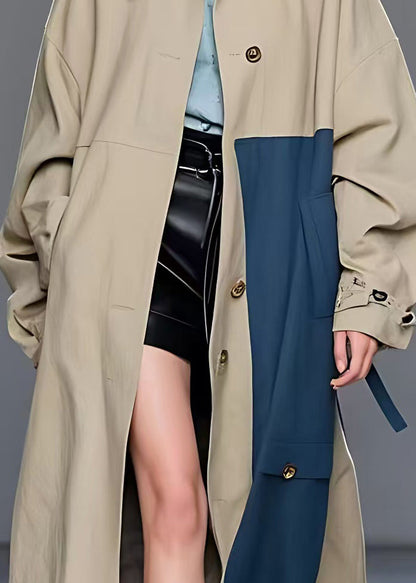 Khaki Peter Pan Collar Pockets Trench Long Sleeve