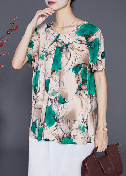 Khaki Print Button Chiffon Shirt Tops Summer