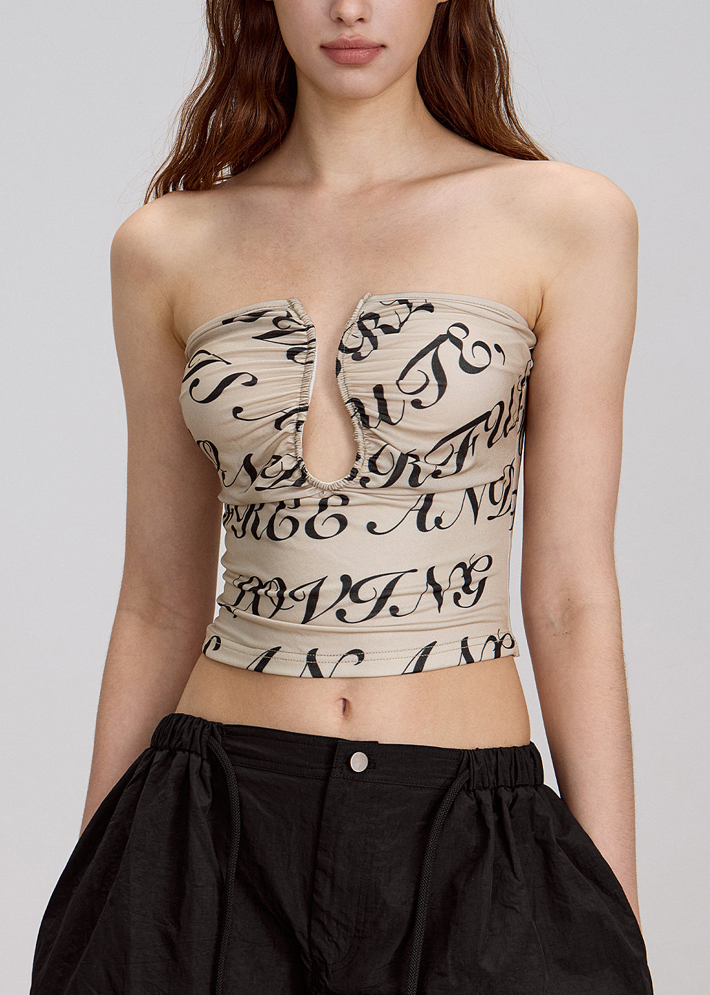 Khaki Print Hollow Out Cotton Strapless Top Summer