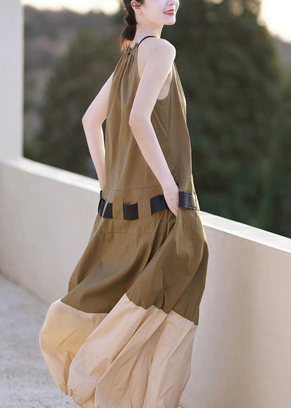 Khaki Ruffled Pockets Patchwork Cotton Long Dresses Sleeveless