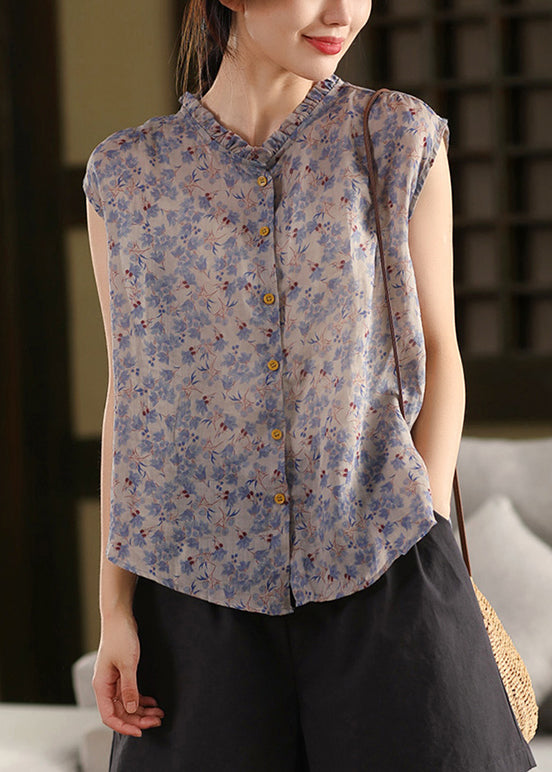 Khaki Ruffled Print Linen Blouses Sleeveless