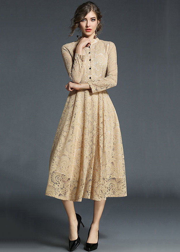 Khaki Stand Collar Hollow Out Embroideried Lace Dresses Long Sleeve