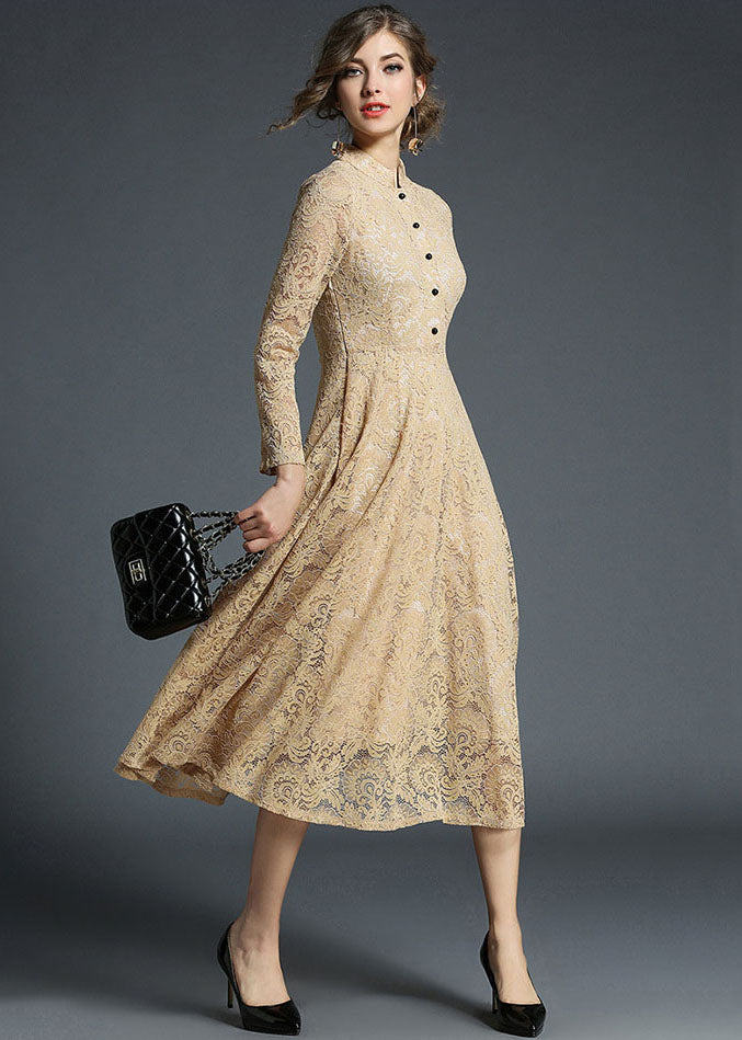 Khaki Stand Collar Hollow Out Embroideried Lace Dresses Long Sleeve