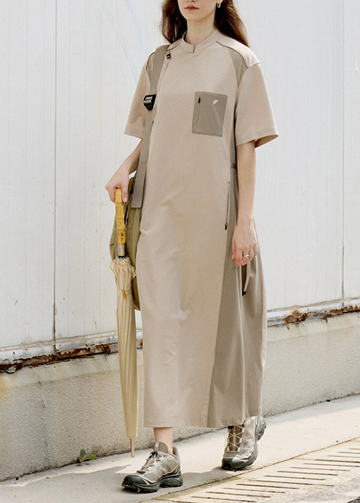 Khaki Stand Collar Pockets Patchwork Cotton Dress Summer