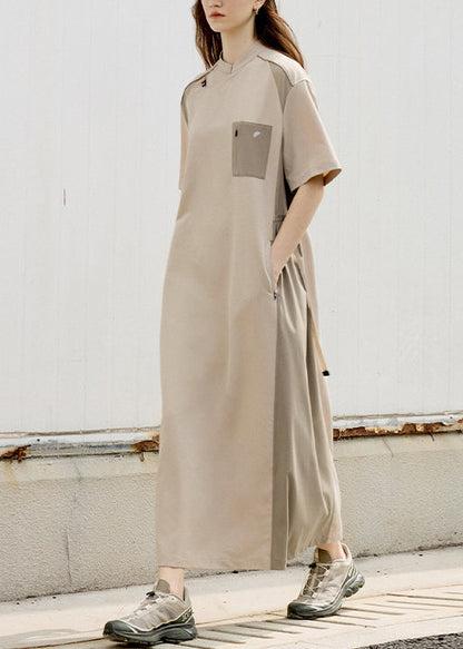 Khaki Stand Collar Pockets Patchwork Cotton Dress Summer