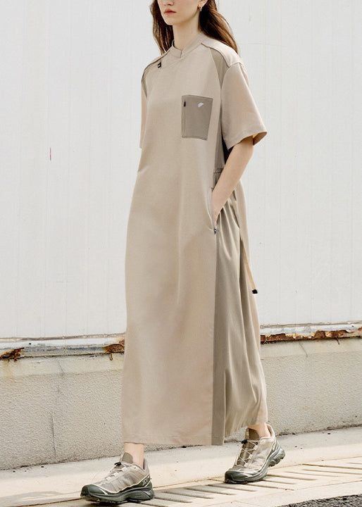 Khaki Stand Collar Pockets Patchwork Cotton Dress Summer