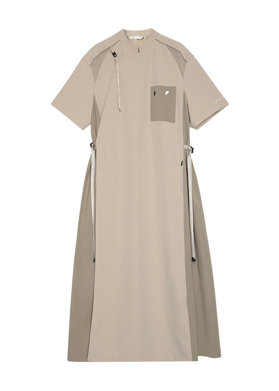 Khaki Stand Collar Pockets Patchwork Cotton Dress Summer