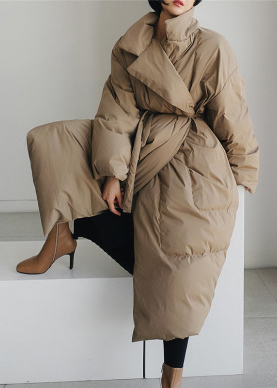 Khaki Stand Collar Pockets Parka Long Sleeve