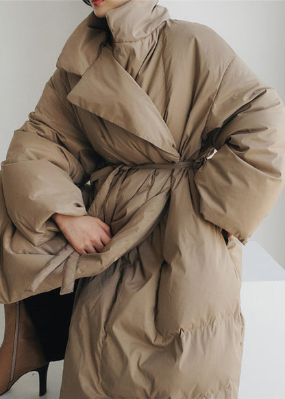 Khaki Stand Collar Pockets Parka Long Sleeve