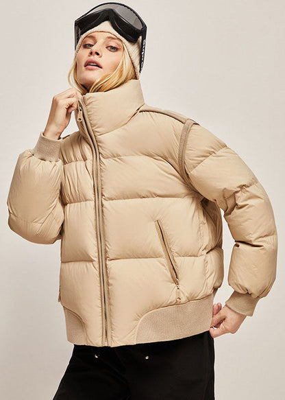 Khaki Stand Collar Zip Up Thick Duck Down Puffer Jacket Winter