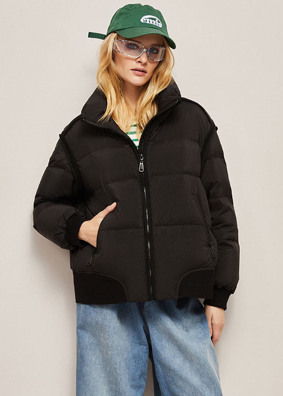 Khaki Stand Collar Zip Up Thick Duck Down Puffer Jacket Winter