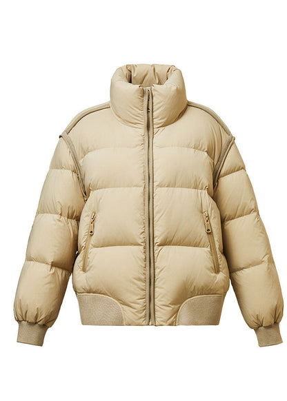 Khaki Stand Collar Zip Up Thick Duck Down Puffer Jacket Winter