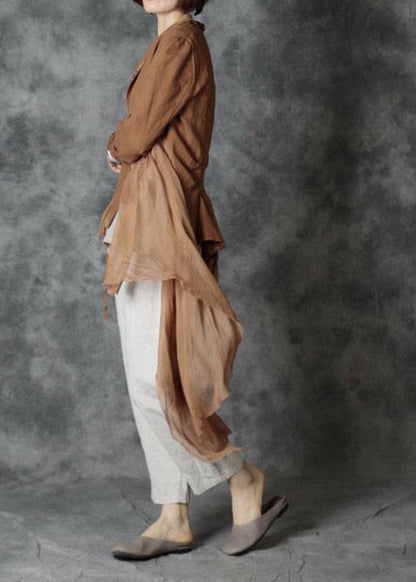 Fashion Khaki Tie Waist Patchwork Asymmetrical Design Fall Jackets Long Sleeve