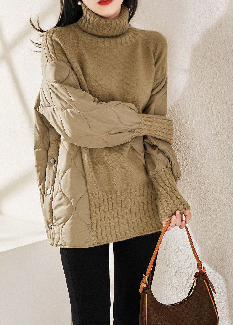 Khaki Turtle Neck Thick Patchwork Fine Cotton Filled Knit Pullover Winter