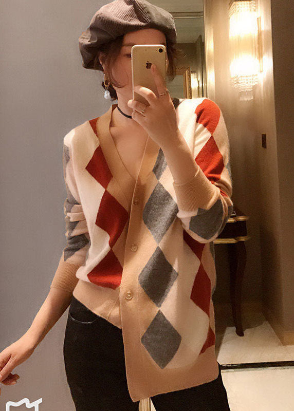 Khaki V Neck Asymmetrical Plaid Knit Cardigan Winter