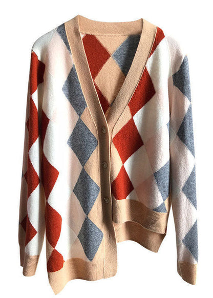 Khaki V Neck Asymmetrical Plaid Knit Cardigan Winter