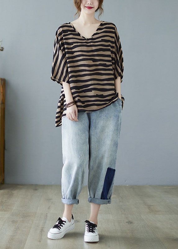 Khaki V Neck Bat Wing Sleeve Striped Print Fall Blouses