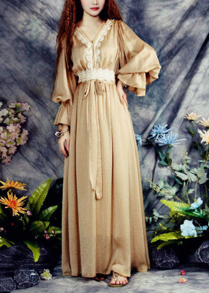 Khaki V Neck Lace Patchwork Exra Large Hem Silk Cinch Long Dress Spring