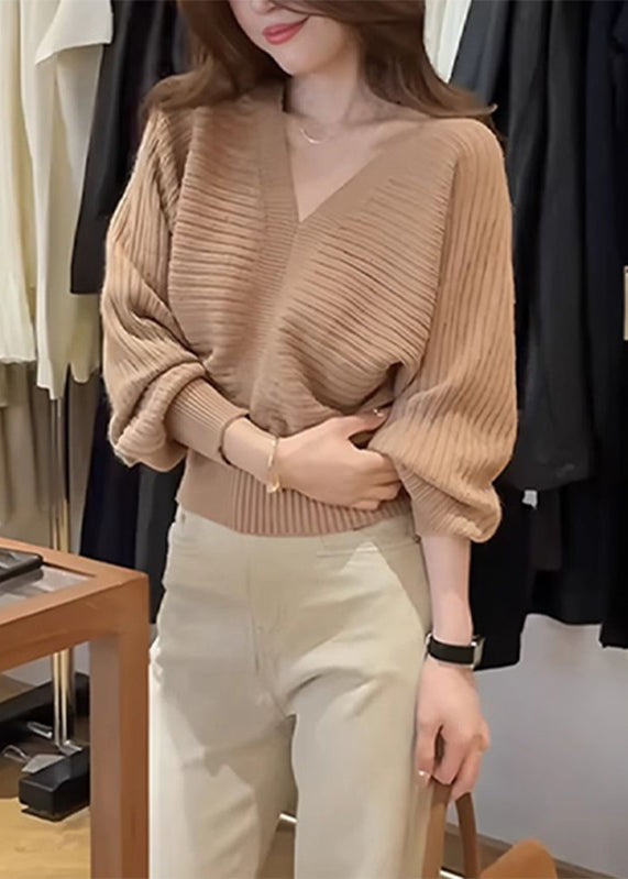 Khaki V Neck Patchwork Cozy Cotton Knit Sweater Spring