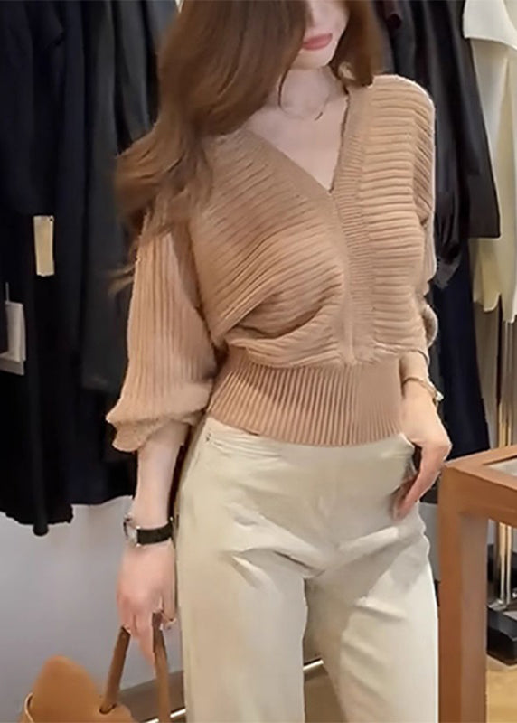 Khaki V Neck Patchwork Cozy Cotton Knit Sweater Spring
