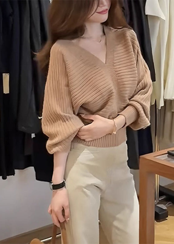 Khaki V Neck Patchwork Cozy Cotton Knit Sweater Spring