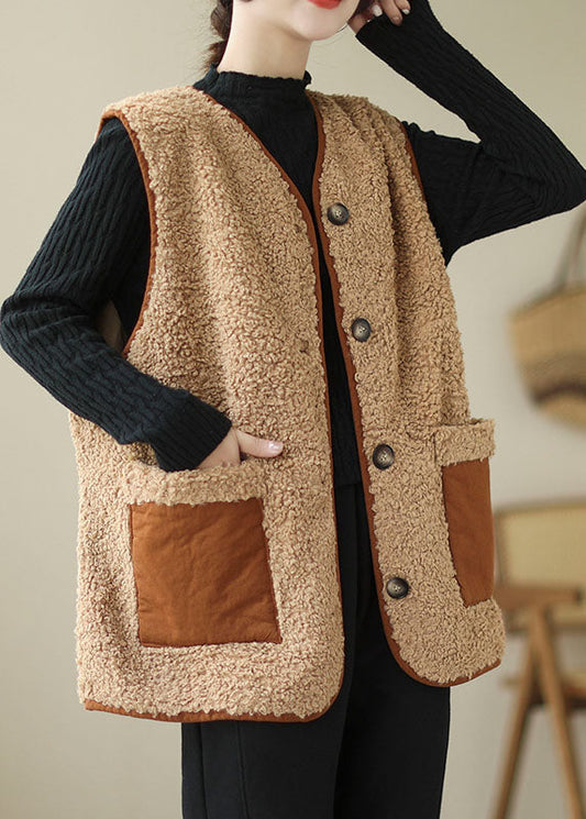 Khaki V Neck Patchwork Pockets Teddy Faux Fur Vest Tops Winter