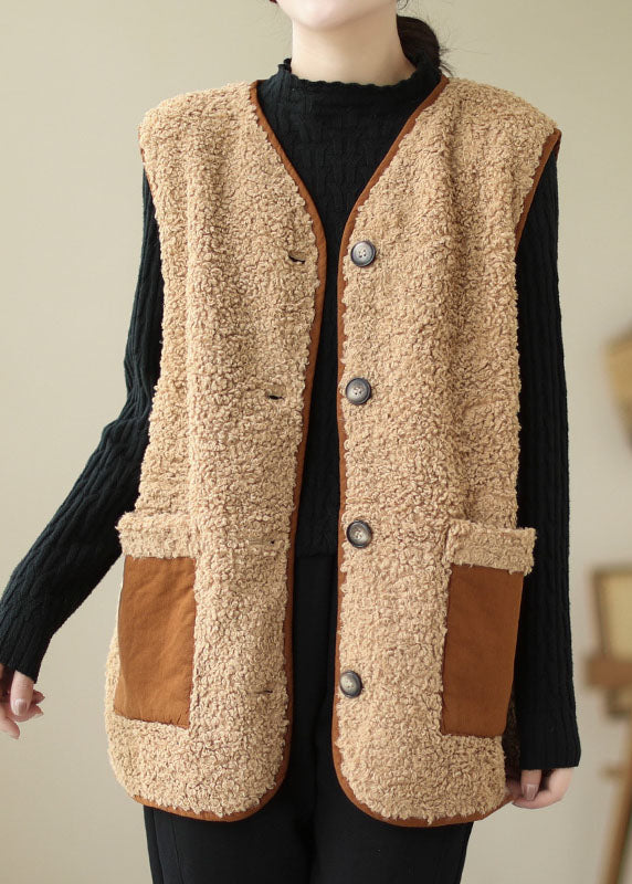 Khaki V Neck Patchwork Pockets Teddy Faux Fur Vest Tops Winter