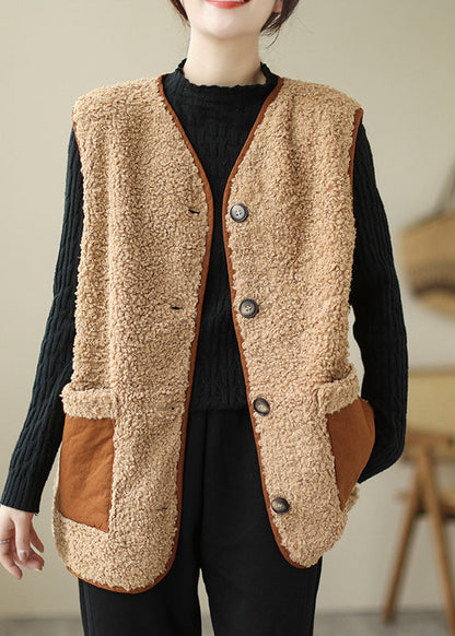 Khaki V Neck Patchwork Pockets Teddy Faux Fur Vest Tops Winter