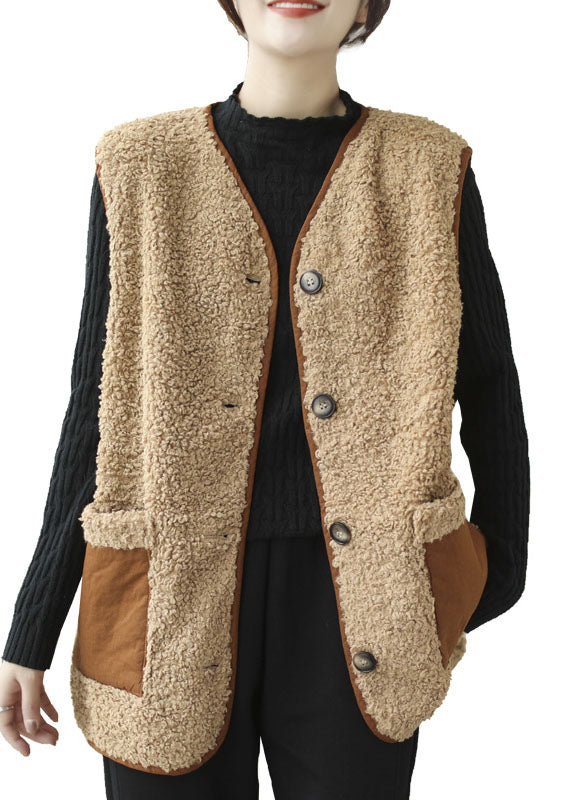 Khaki V Neck Patchwork Pockets Teddy Faux Fur Vest Tops Winter