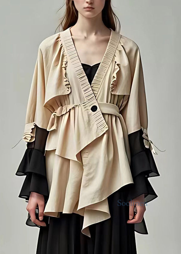 Khaki V Neck Wrinkled Shirt Long Sleeve
