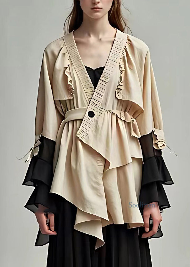 Khaki V Neck Wrinkled Shirt Long Sleeve