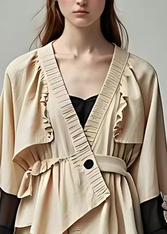Khaki V Neck Wrinkled Shirt Long Sleeve