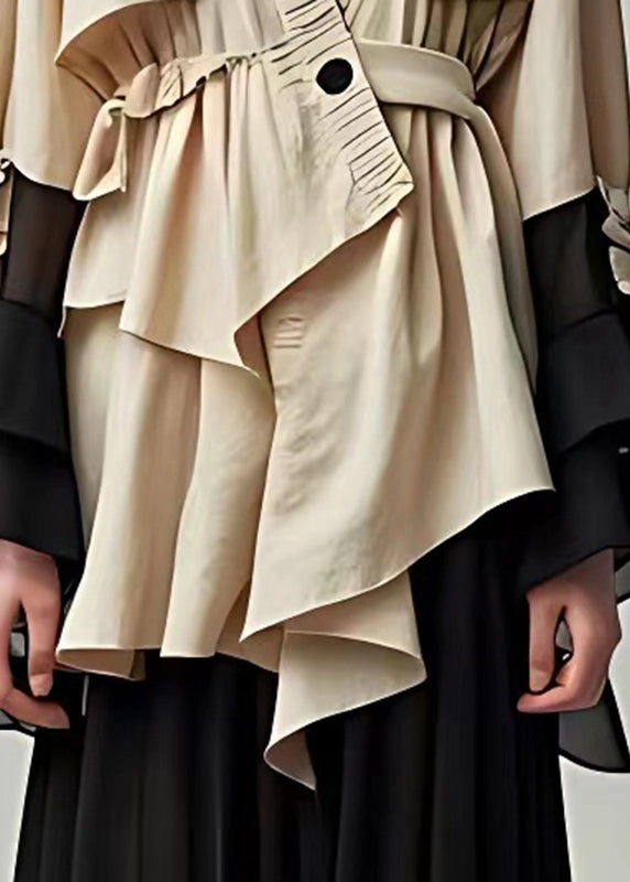 Khaki V Neck Wrinkled Shirt Long Sleeve