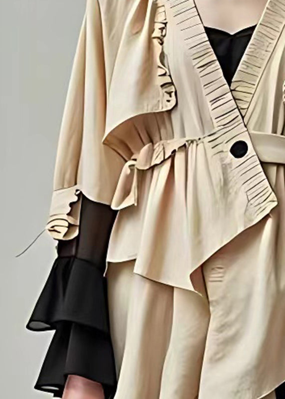Khaki V Neck Wrinkled Shirt Long Sleeve