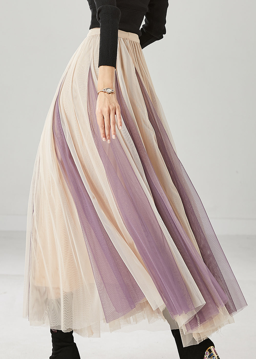 Khaki Wrinkled Patchwork Tulle Skirts Spring
