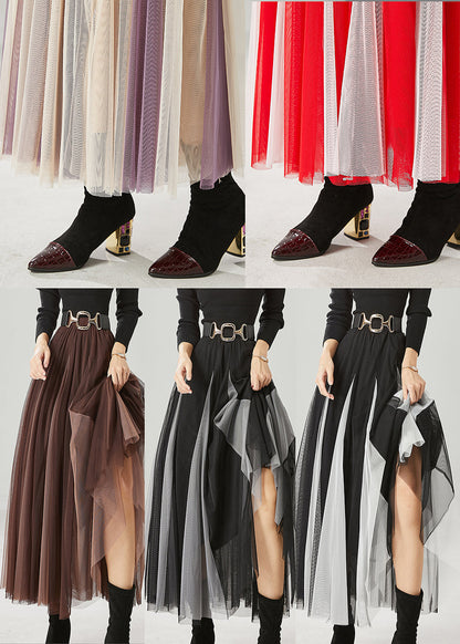 Khaki Wrinkled Patchwork Tulle Skirts Spring