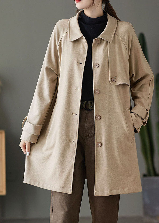 Khaki Button Peter Pan Collar Pockets Trench Coats Spring