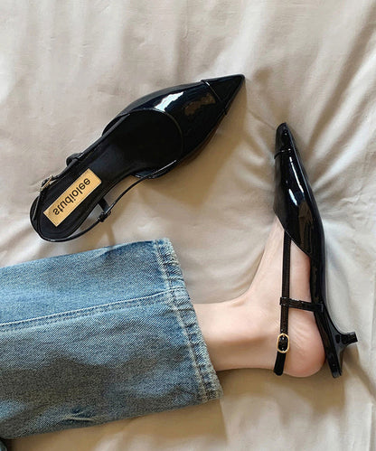 Kitten Sandals Black Cowhide Leather Hollow Out Pointed Toe