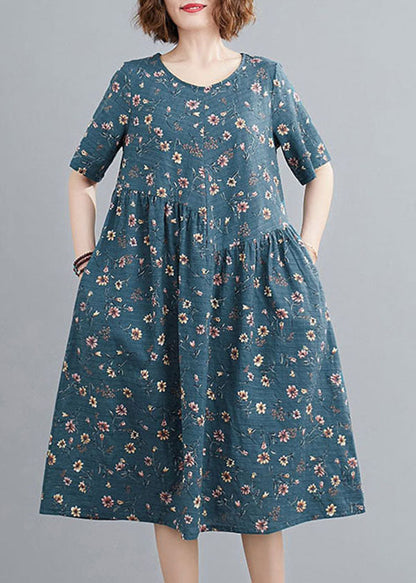 Lake Blue Wrinkled Print Cotton a Line Dresses Short Sleeve