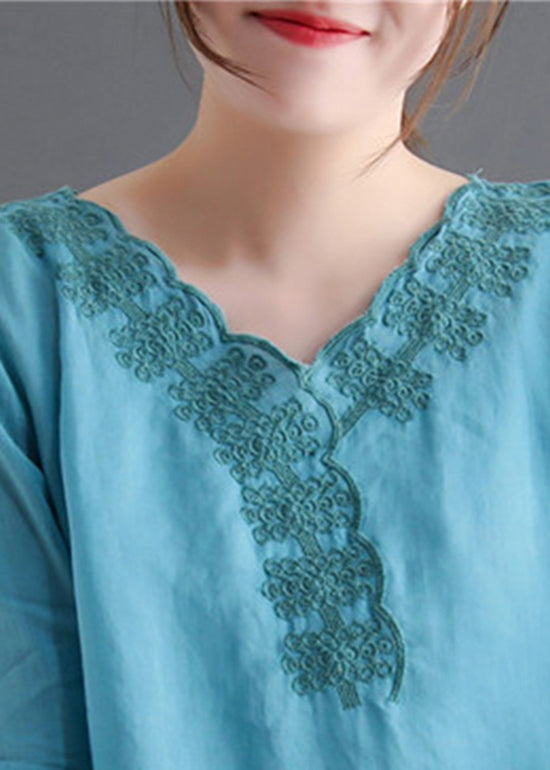 Lake Blue V Neck Embroideried Linen Tops Flare Sleeve
