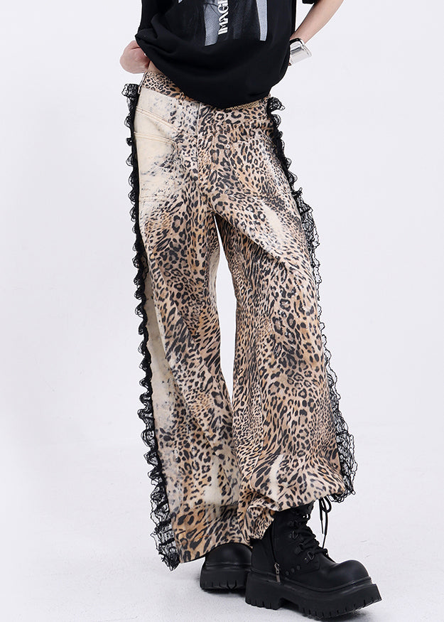 Leopard Pockets Lace Patchwork Denim Wide Leg Pants Fall