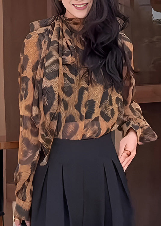 Leopard Print Bow Lace Up Chiffon Shirt Tops Spring