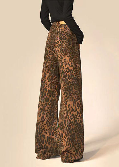 Leopard Print Pockets Denim Straight Pants Spring