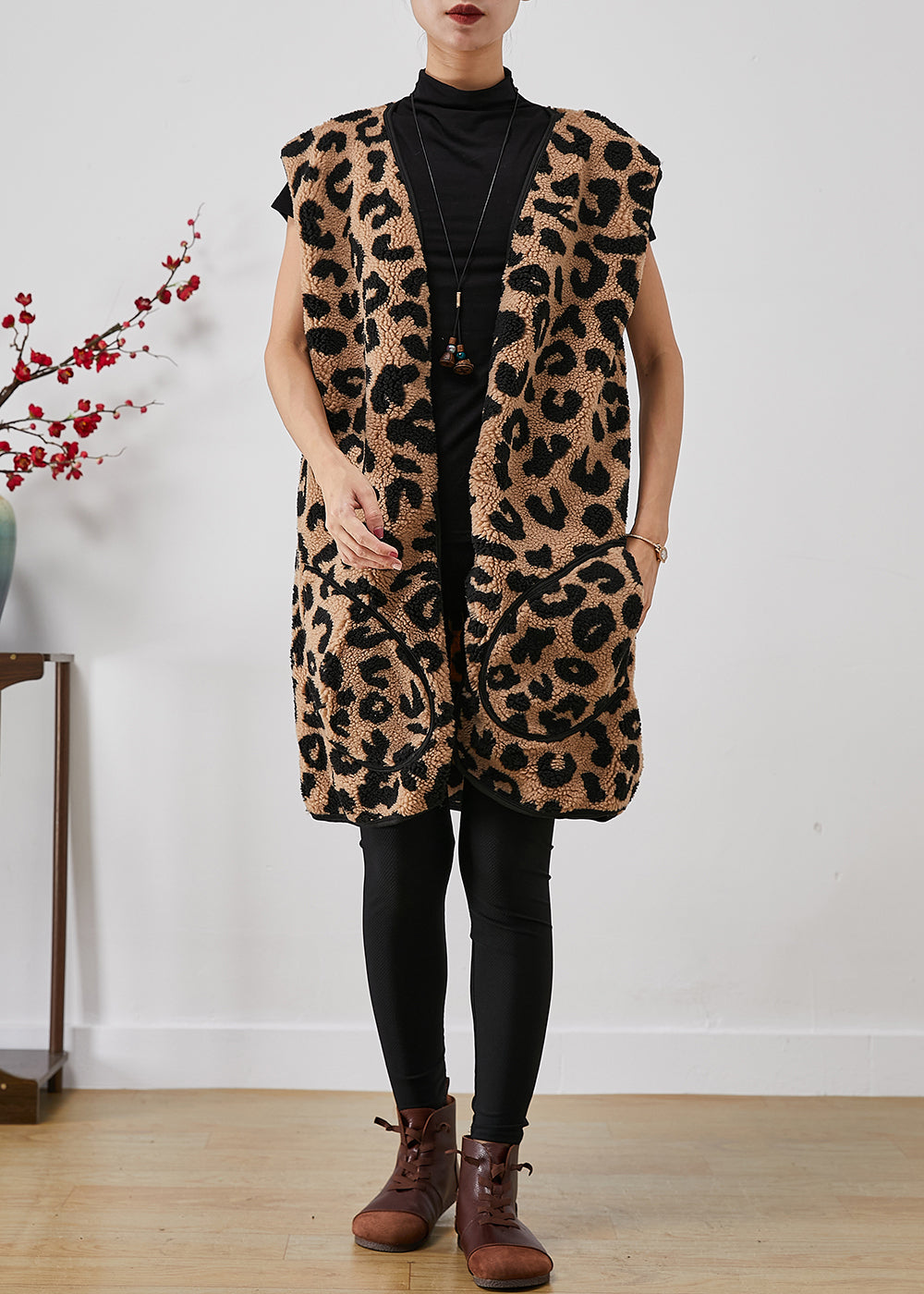 Leopard Print Pockets Faux Fur Teddy Vest Fall