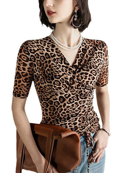 Leopard V Neck Cinched Tulle Tops Summer