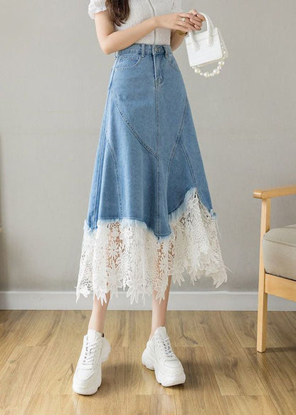Light Blue Asymmetrical Design Lace Patchwork Denim Skirt Spring