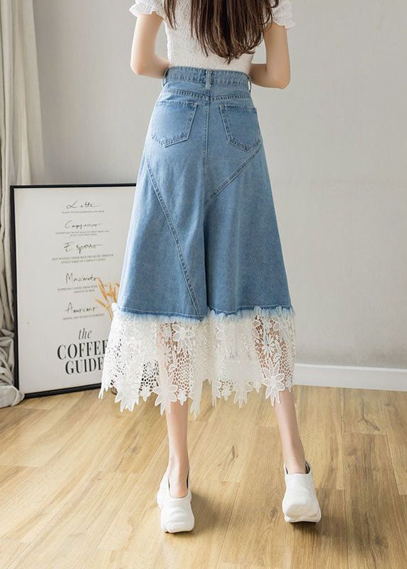 Light Blue Asymmetrical Design Lace Patchwork Denim Skirt Spring