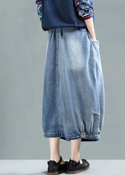 Light Blue Elastic Waist Pockets Cotton Denim Skirt Summer